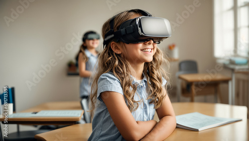 portrait of a schoolgirl girl wearing virtual reality glasses at school