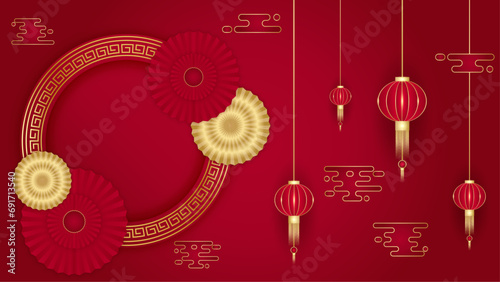 Red and gold vector modern and luxury chinese frame background. Happy Chinese new year background for poster, banner, flyer, greeting card, and sale