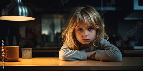 child sitting on kitchen table under bright light, in the style of dramatic, generative AI