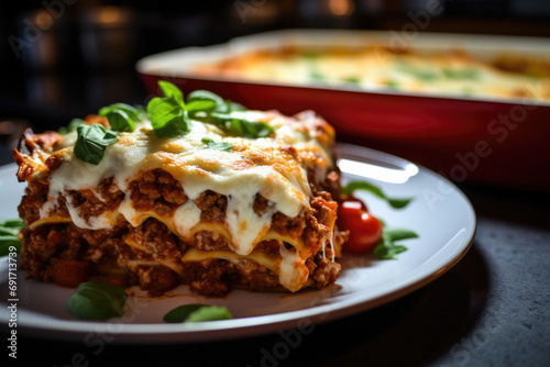 Peace of classic homemade italian lasagna with bolognese sauce just out of the oven