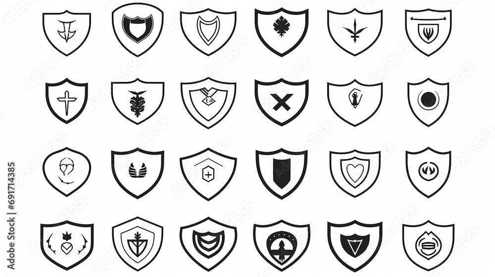 collection of shield icons isolated on a white background, flat minimalism graphics, set of protection icons