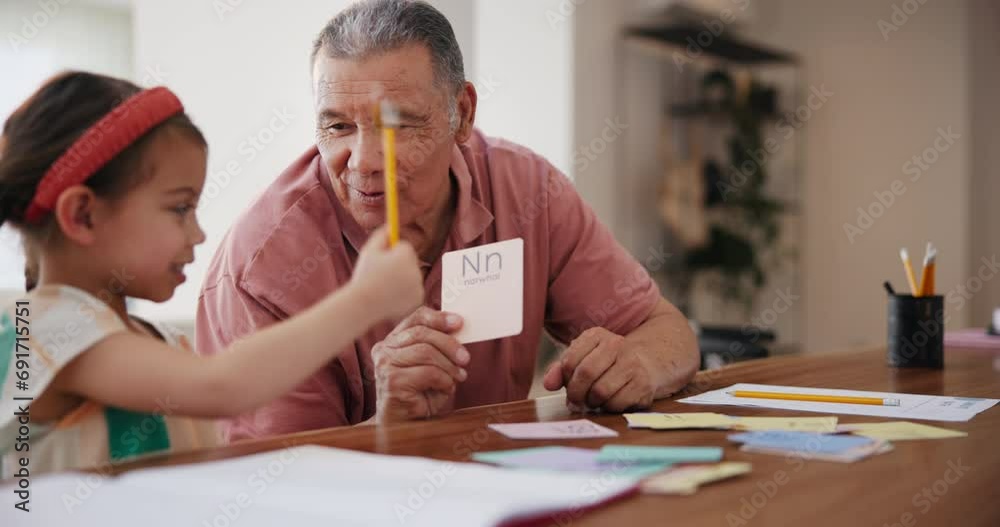 School, card and a grandfather teaching his granddaughter in the living room of a home together. Education, study or homework and girl learning with a senior man in an apartment for child development School, card and a grandfather teaching his granddaughter in the living room of a home together. Education, study or homework and girl learning with a senior man in an apartment for child development