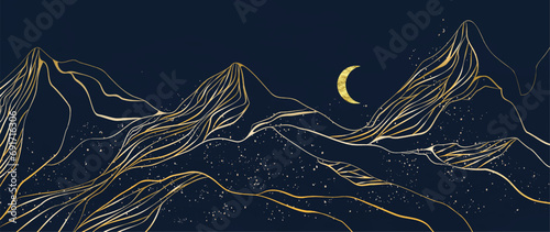 Luxury dark art background with mountains and hills in golden hand drawn art line style. Landscape banner for decoration, print, textile, wallpaper, interior design.