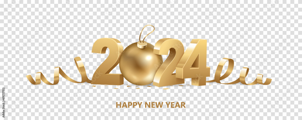 Happy New Year 2024. Golden 3D numbers with ribbons, golden Christmas ball and confetti, isolated on transparent background.