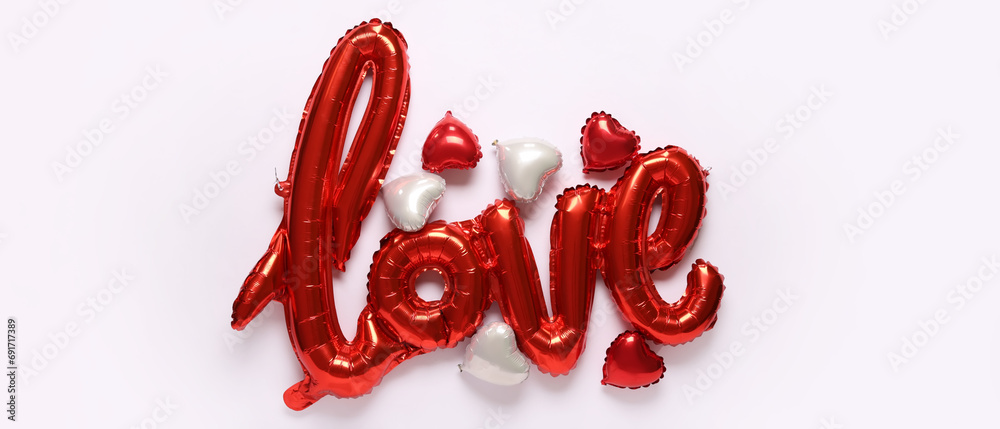 Balloons in shape of word LOVE and hearts on light background. Valentine's Day celebration Balloons in shape of word LOVE and hearts on light background. Valentine's Day celebration