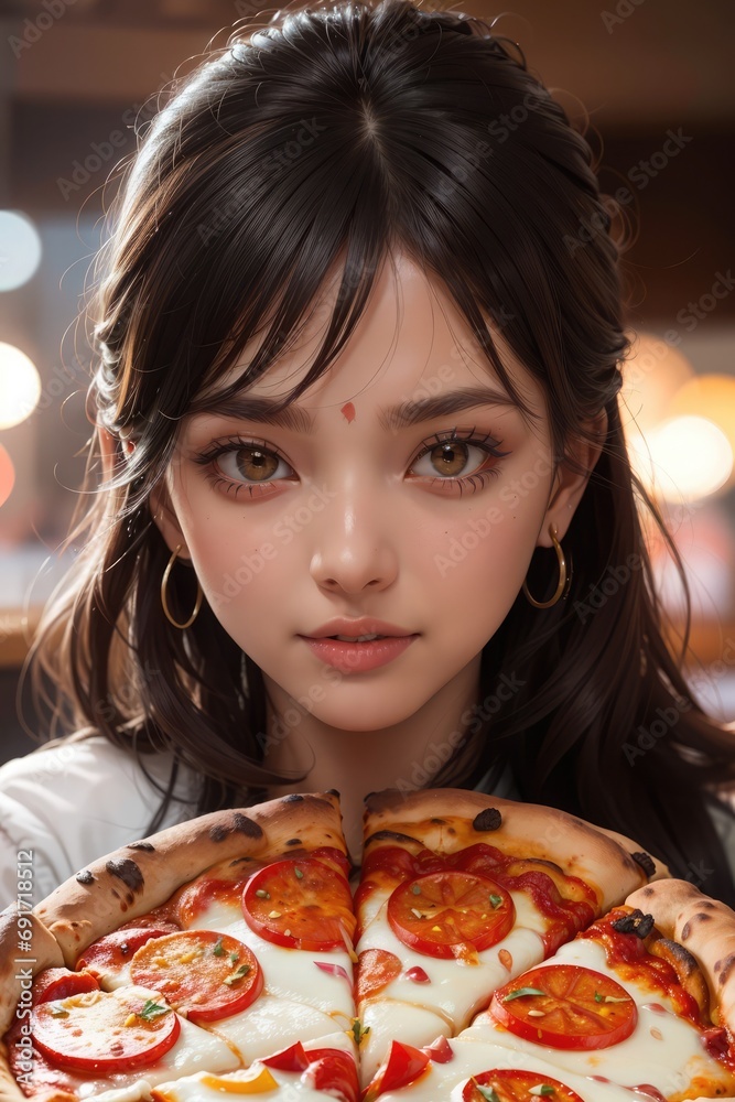 A beautiful girl savoring a slice of pizza. Ensure that every detail, from the toppings on the pizza to the girl's facial expressions, is vividly portrayed.