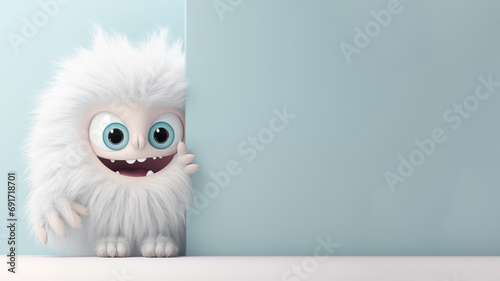 Cute white 3D cartoon character, monster peeking behind empty, blank wall photo