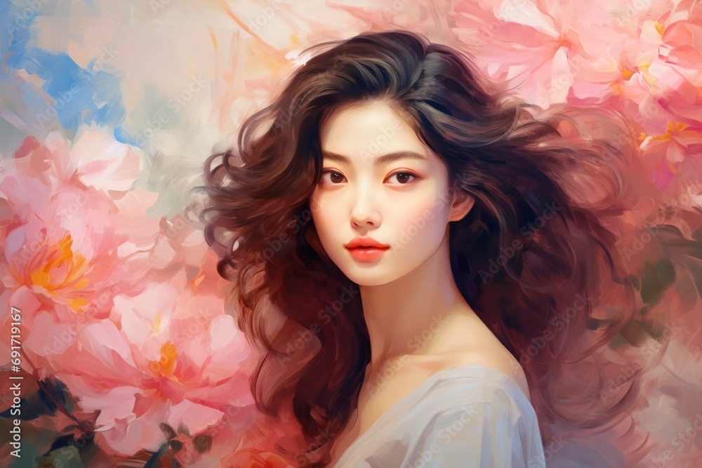 Beautiful brunette Asian woman with flowers. Romantic lady. Illustration in style of oil painting. Postcard, greeting for International Womens Day. Valentine day. Wall decor, print. Beautiful brunette Asian woman with flowers. Romantic lady. Illustration in style of oil painting. Postcard, greeting for International Womens Day. Valentine day. Wall decor, print.