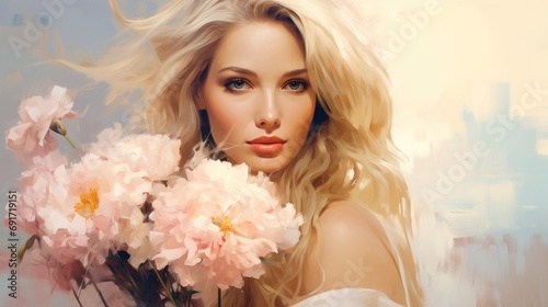 Pretty Caucasian blonde woman with Peach flowers. Romantic lady. Illustration in style of oil painting. Postcard, greeting for International Womens Day. Valentine day. Wall decor, print.
