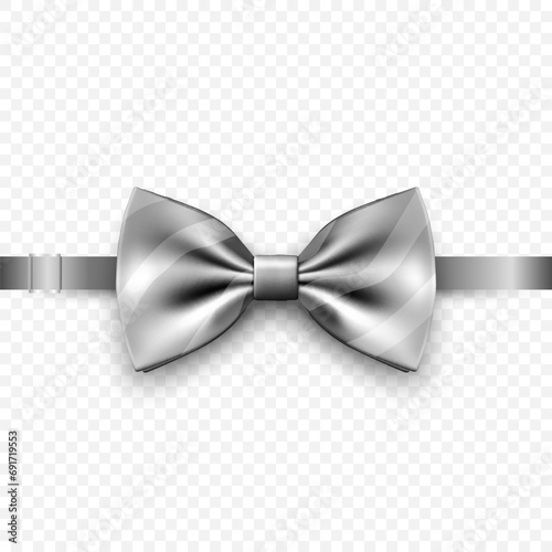 Vector 3d Realistic Gray Silver Bow Tie Closeup Isolated. Silk Glossy Bowtie, Tie Gentleman. Mockup, Design Template. Bow Tie for Man. Mens Fashion, Fathers Day Holiday