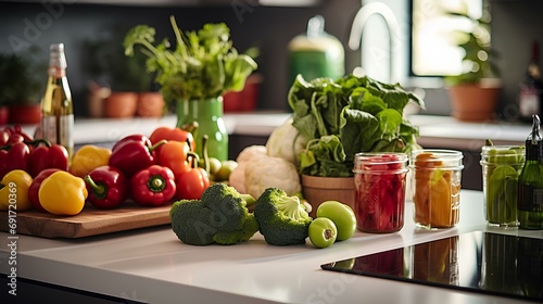 a modern kitchen filled with various cooking ingredients and fresh fruits and vegetables. generative AI