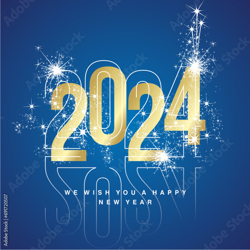 Happy New Year 2024 line and bold light white golden shining typography with sparkle firework with glass numbers shadow on blue isolated background icon logo