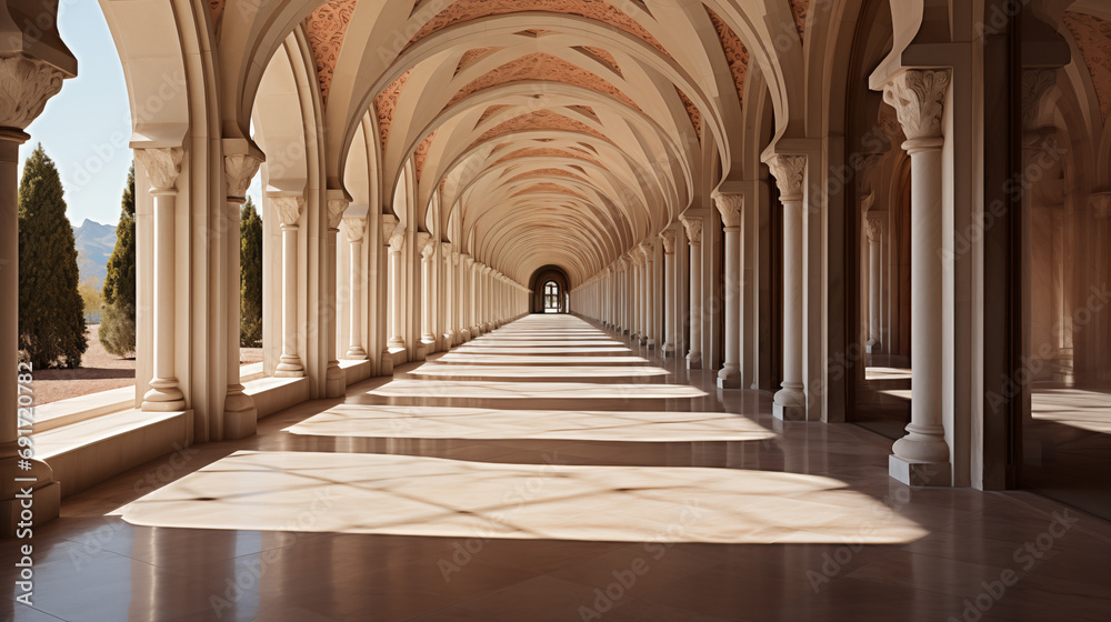 An arched corridor beside a courtyard. Colorful orange arched hallway passage with columns leading to a desert on a sunny day. Corridor with rows of columns