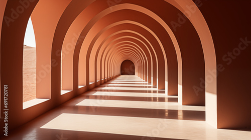 An arched corridor beside a courtyard. Colorful orange arched hallway passage with columns leading to a desert on a sunny day. Corridor with rows of columns photo