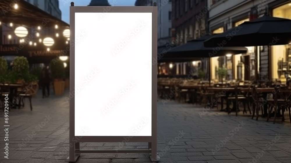 menu on the street in front of the restaurant, blank white form, copy space for advertising - obrazy, fototapety, plakaty 
