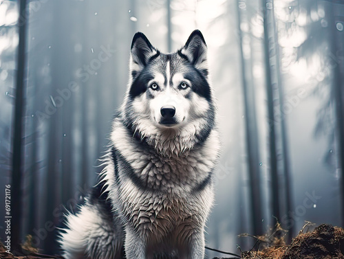 Stealthy wolf moves through foggy forest.