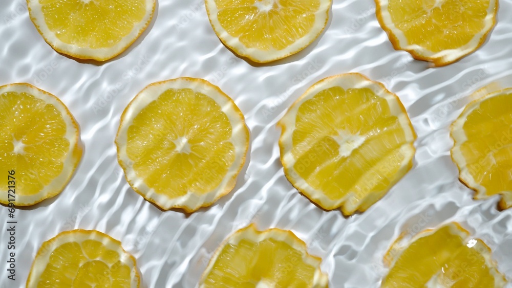 Slice of orange underwater or in water with splashing and droplet top view flat lay on white background. Slice of orange underwater or in water with splashing and droplet top view flat lay on white background.