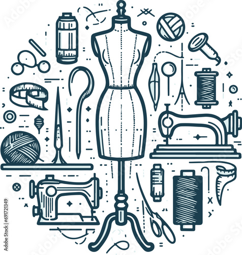 sewing illustration with mannequin and other sewing accessories