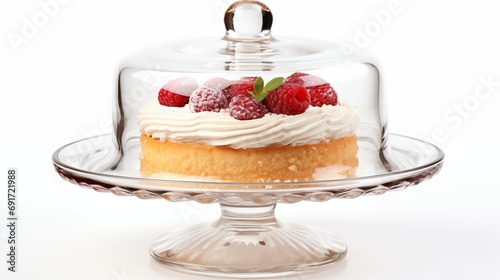 A delicious cake topped with creamy frosting and fresh raspberries  elegantly presented on a glass plate.