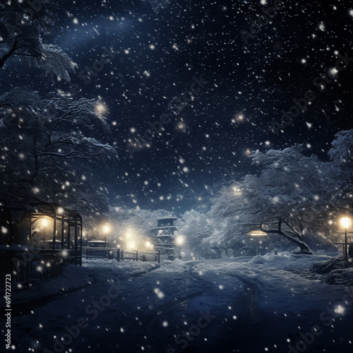 Winter night in the village. Snowfall. Fairytale landscape.