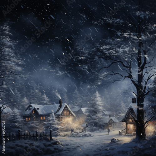 Winter night in the village. Snowfall. Fairytale landscape.