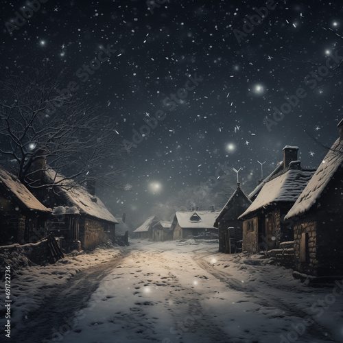 Winter night in the village. Snowfall. Fairytale landscape.