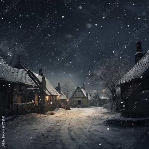 Winter night in the village. Snowfall. Fairytale landscape.