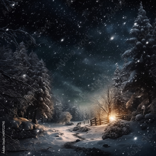 Winter forest at night with snow and magical lights. Beautiful winter landscape.
