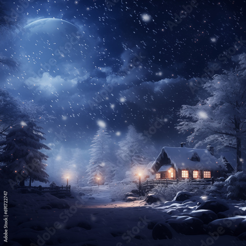 Winter night in the village. Snowfall. Fairytale landscape.