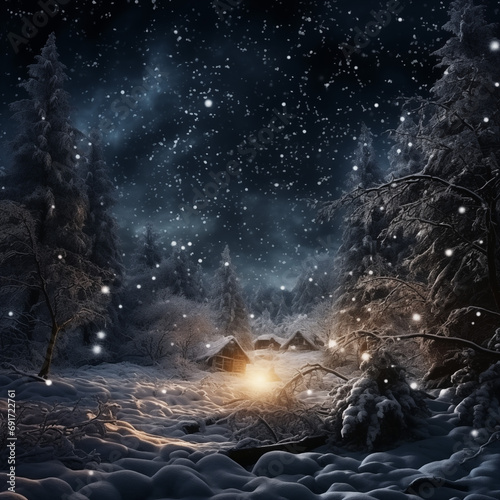 Winter night in the village. Snowfall. Fairytale landscape.