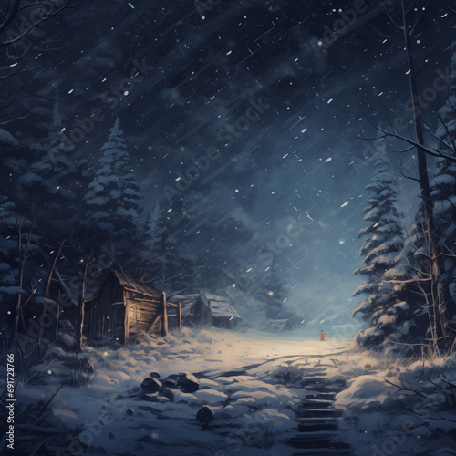 Winter night in the village. Snowfall. Fairytale landscape. photo