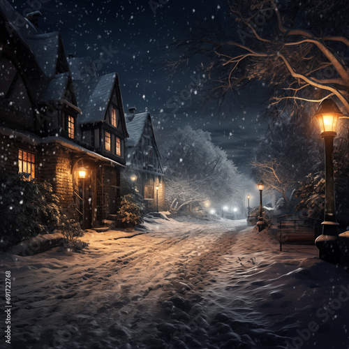 Winter night in the village. Snowfall. Fairytale landscape.