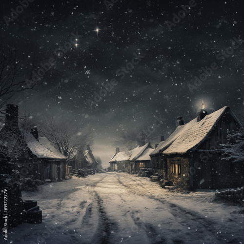 Winter night in the village. Snowfall. Fairytale landscape.