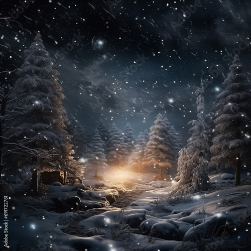 Winter forest at night with snow and magical lights. Beautiful winter landscape.