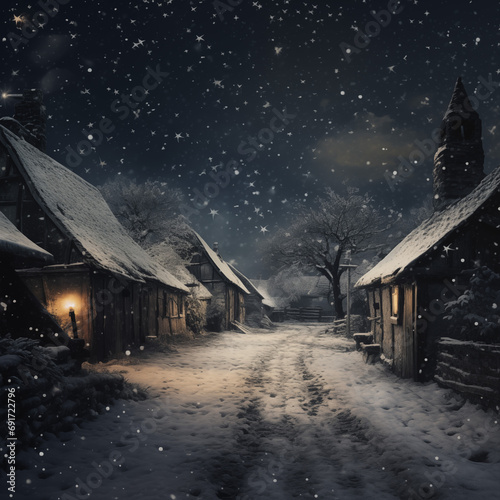 Winter night in the village. Snowfall. Fairytale landscape.