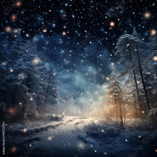 Winter forest at night with snow and magical lights. Beautiful winter landscape.