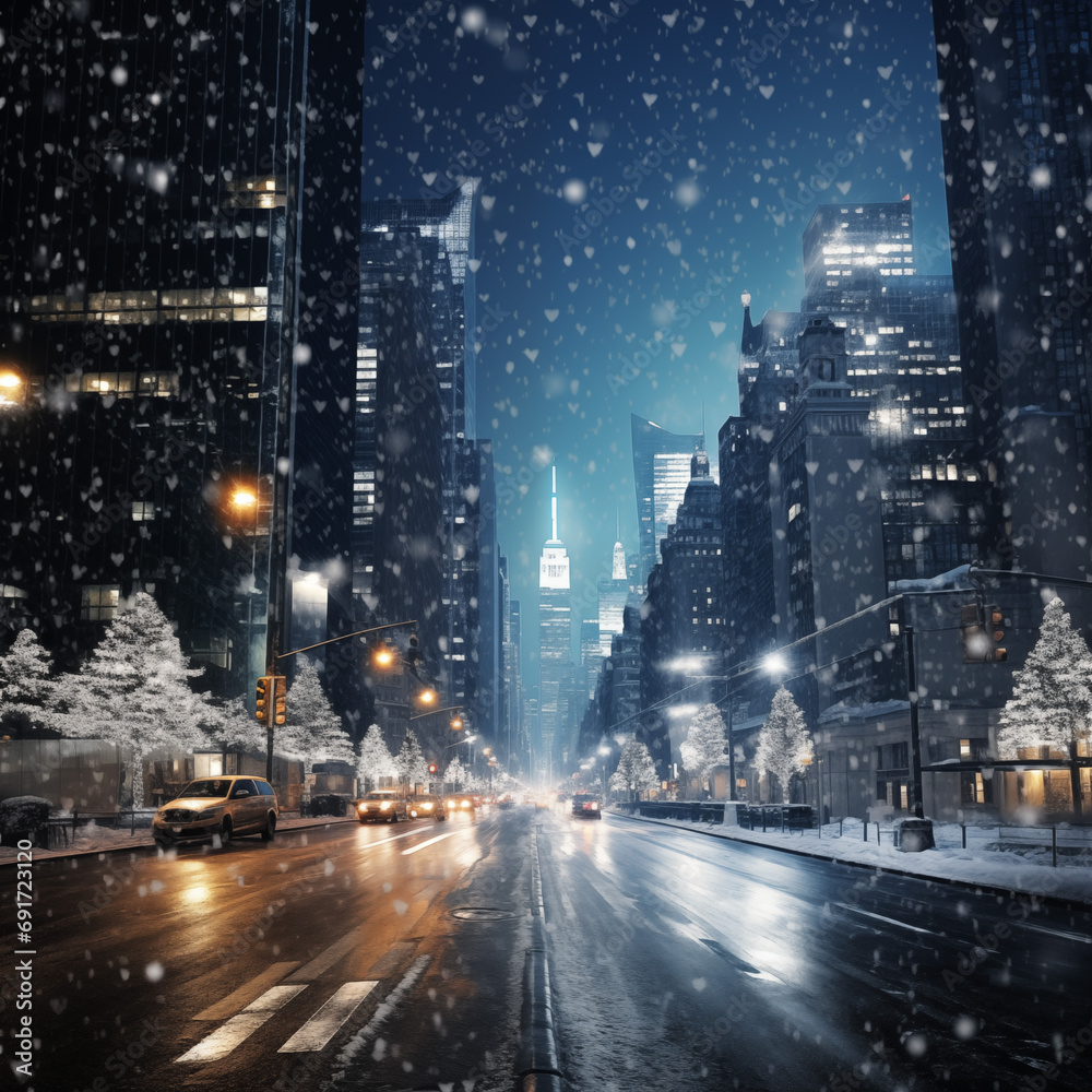 Modern town at night with snowfall. Christmas and New Year holidays concept. Winter cityscape 