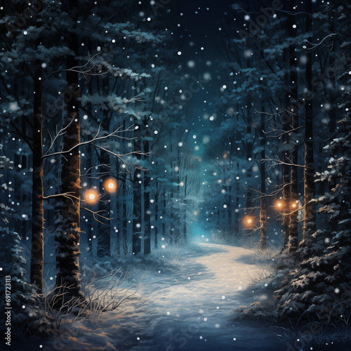 Winter forest at night with snow and magical lights. Beautiful winter landscape.