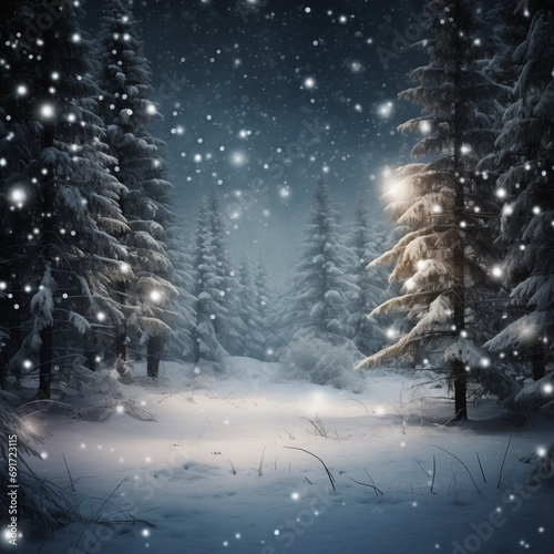 Winter forest at night with snow and magical lights. Beautiful winter landscape.