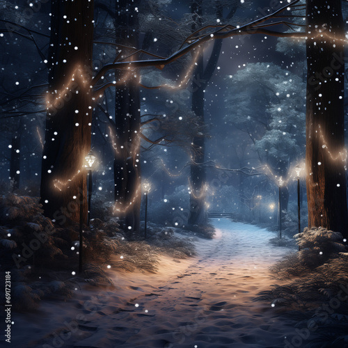 Winter forest at night with snow and magical lights. Beautiful winter landscape.