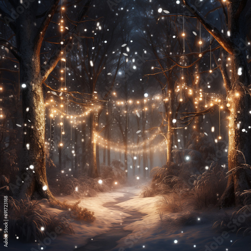 Winter forest at night with snow and magical lights. Beautiful winter landscape.