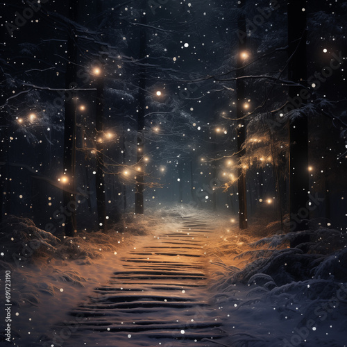 Winter forest at night with snow and magical lights. Beautiful winter landscape.