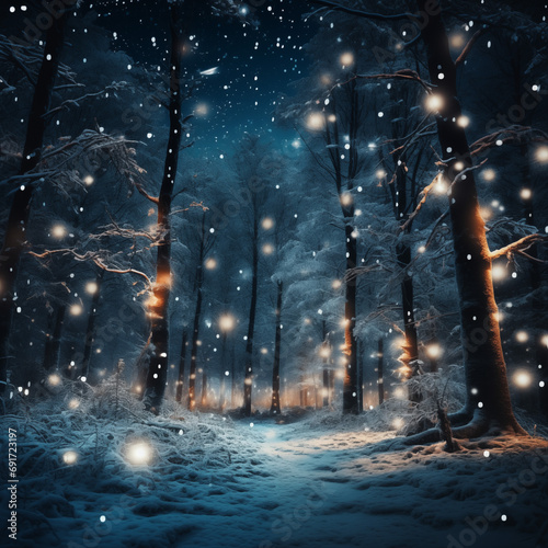 Winter forest at night with snow and magical lights. Beautiful winter landscape.