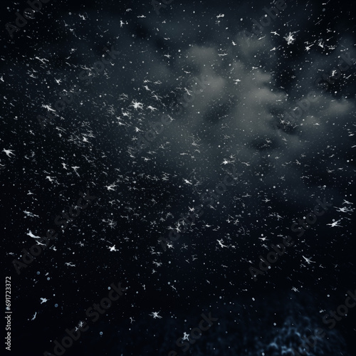 Stars of a planet and galaxy in a free space. Snow on a dark background