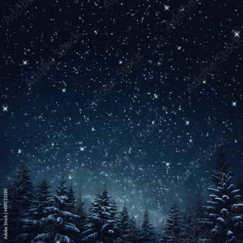 Stars of a planet and galaxy in a free space. Snow above the forest on a dark background