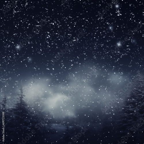 Stars of a planet and galaxy in a free space. Snow above the forest on a dark background
