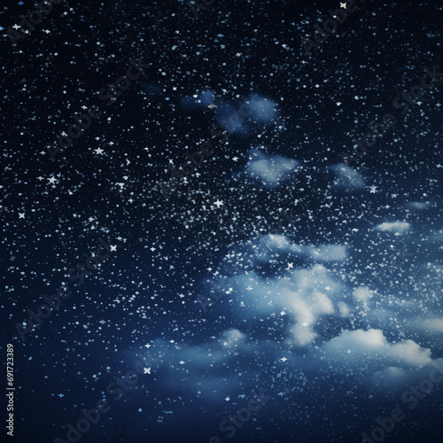 Stars of a planet and galaxy in a free space. Snow on a dark background