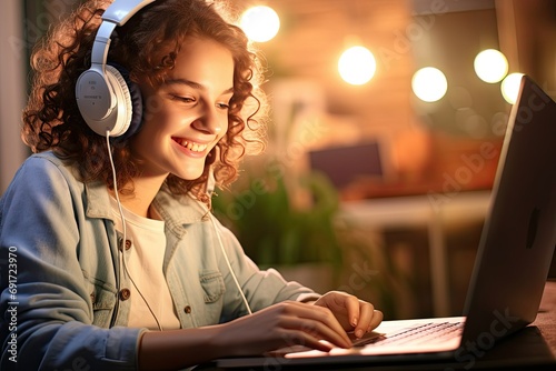 Smiling girl in musical headphones working with laptop in cozy evening room.