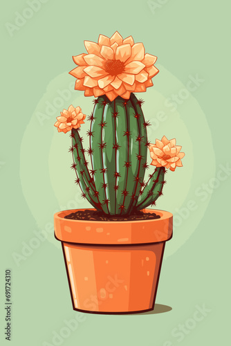 Fototapeta Naklejka Na Ścianę i Meble -  Cactus blooming in flowerpot, pastel tone, vector illustration green background