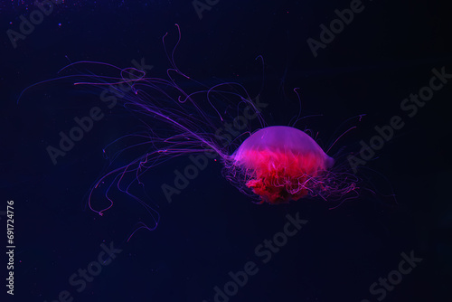 Fluorescent jellyfish swimming underwater aquarium pool with red neon light. The Lion's mane jellyfish, Cyanea capillata also known as giant jellyfish, arctic red jellyfish, hair jelly photo